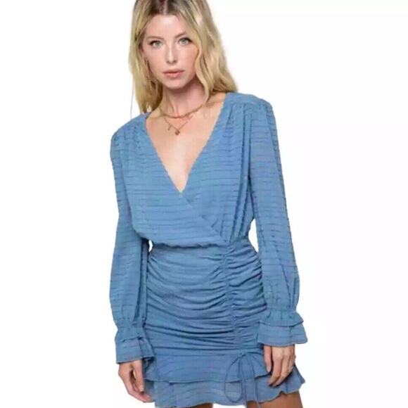 Style Rack Mini Blue Dress Ruched Size Medium Long Sleeve V Neck - Picture 1 of 14